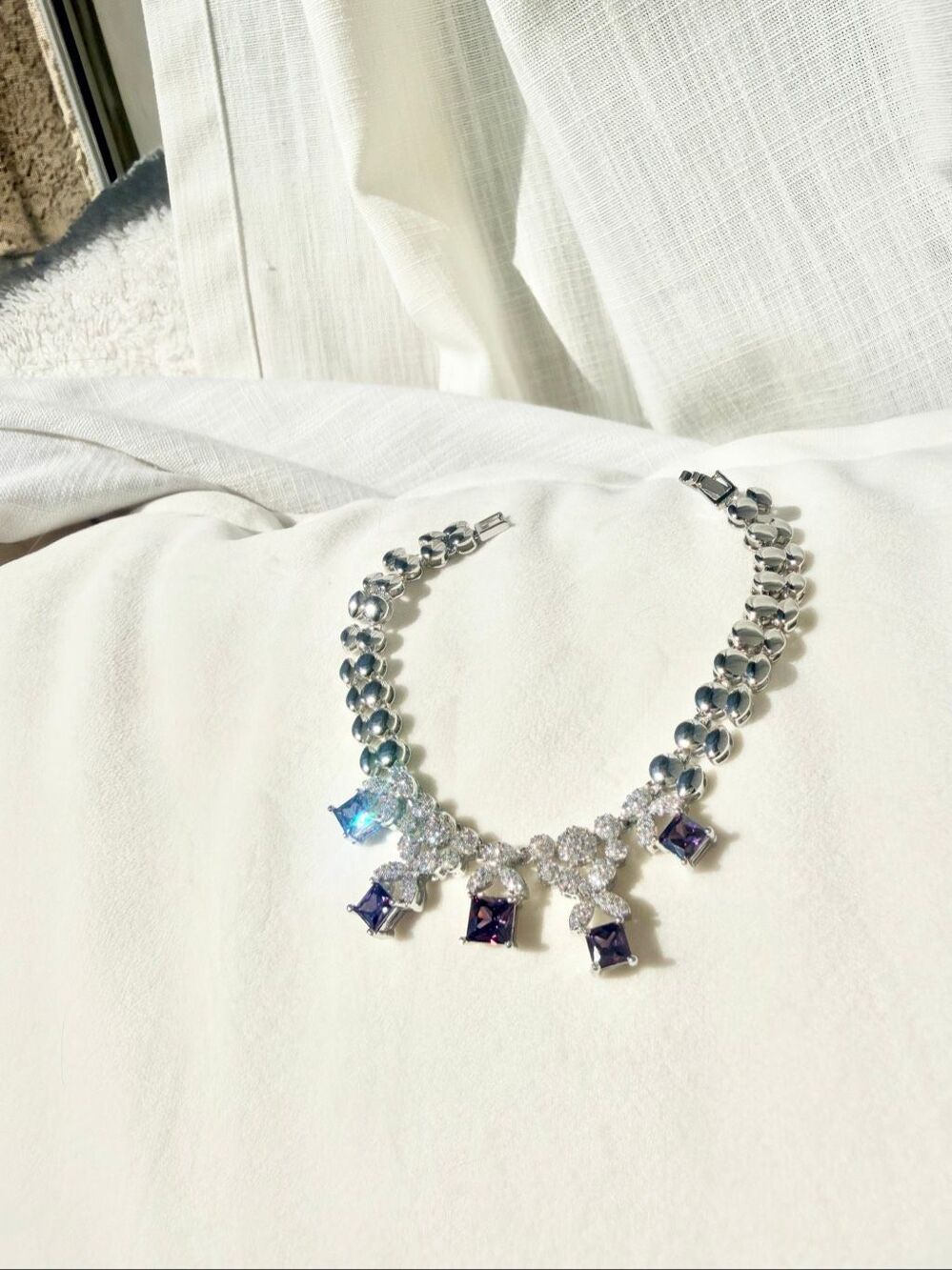 Purple Princess Cut CZ Victoria Flower Statement Bracelet Silver Tone